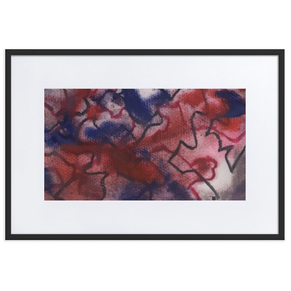 Heavy red‑navy abstract with chaotic sharp lines, expressing suffocation and tension.