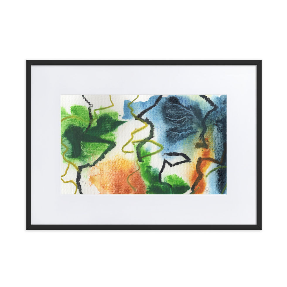 abstract print painting, watercolors. rich colors green, navy blue and yellow. art with dynamic lines. nature inspired.