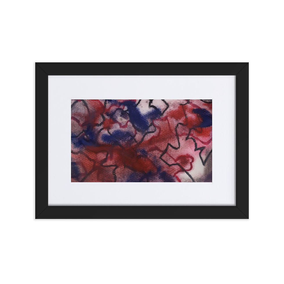 Heavy red‑navy abstract with chaotic sharp lines, expressing suffocation and tension.