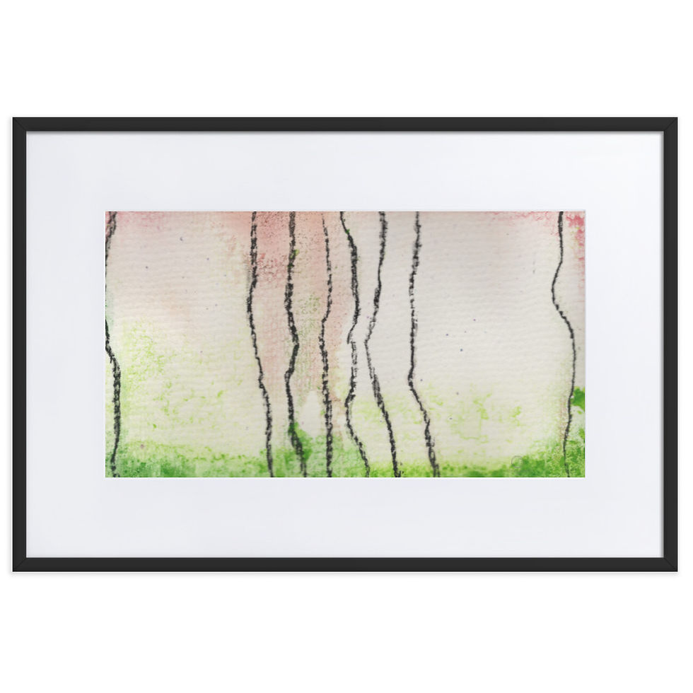 “Abstract print with vertical lines in grass‑green and peachy‑yellow tones