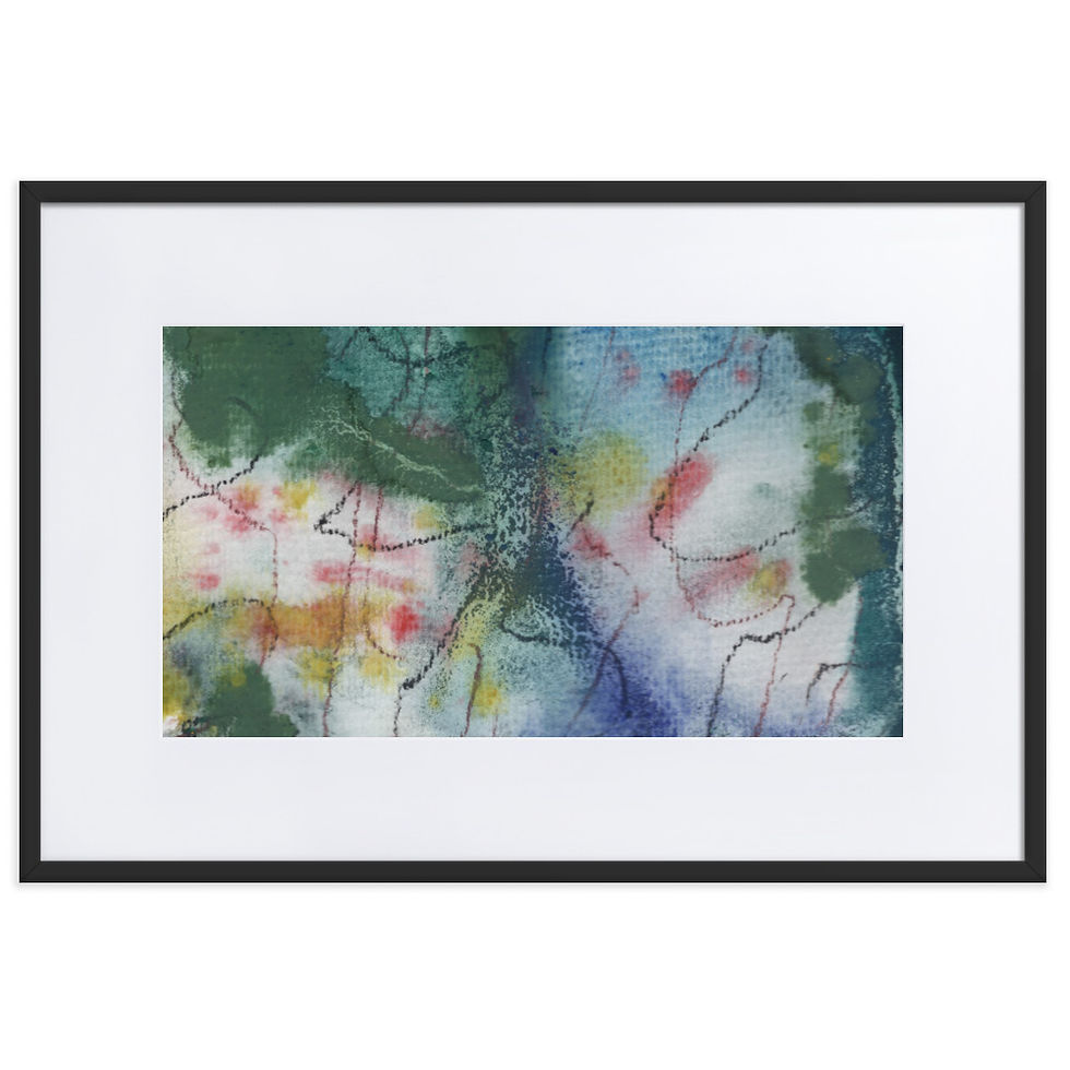 “Abstract print in deep blues, greens, yellows, and orange with a forest‑inspired flow.