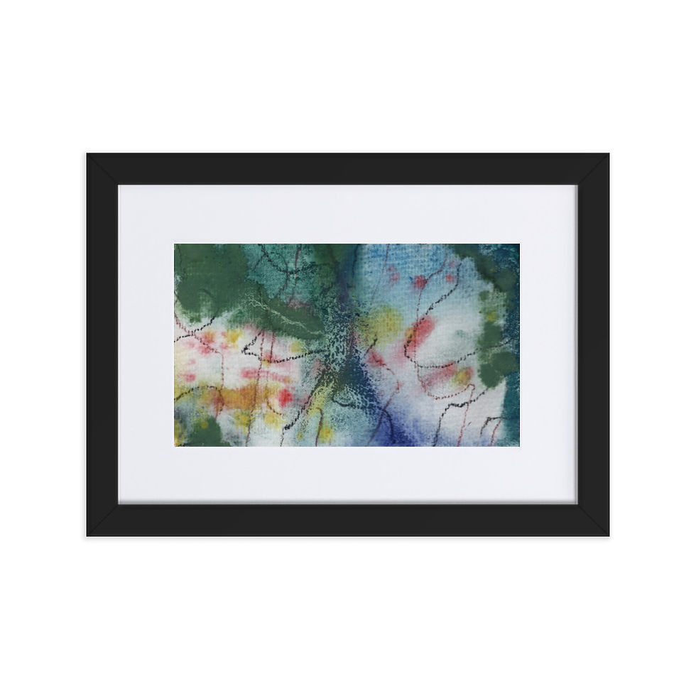 “Abstract print in deep blues, greens, yellows, and orange with a forest‑inspired flow.
