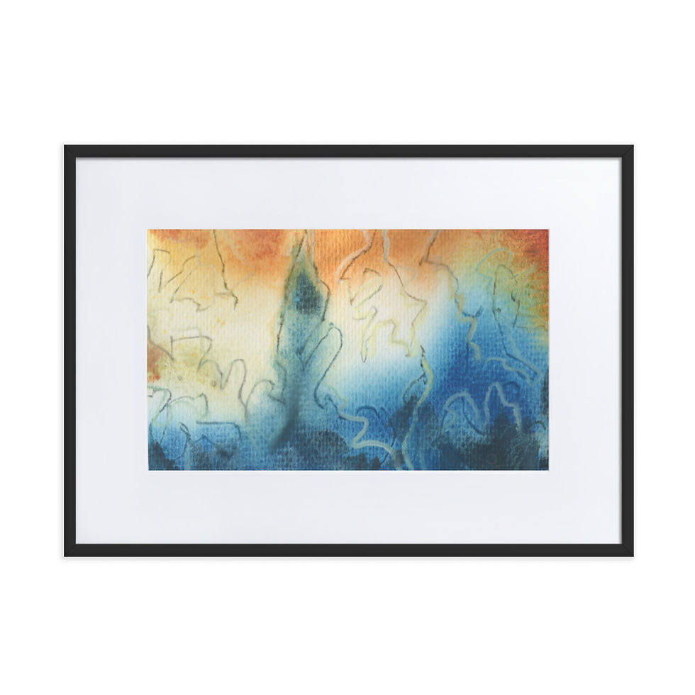 abstract print watercolor painting. blue and yellow landscape