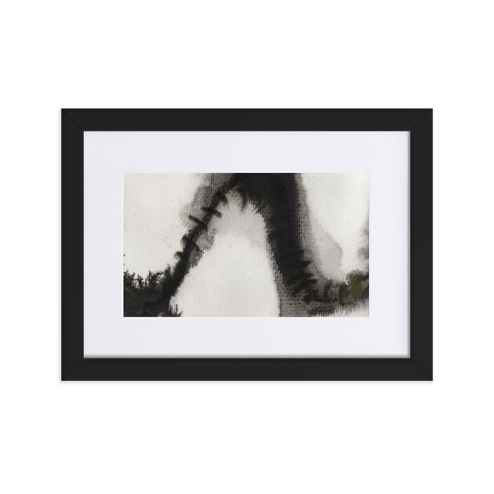 Black and white abstract print with bold, dynamic contrasts and atmospheric movement.
