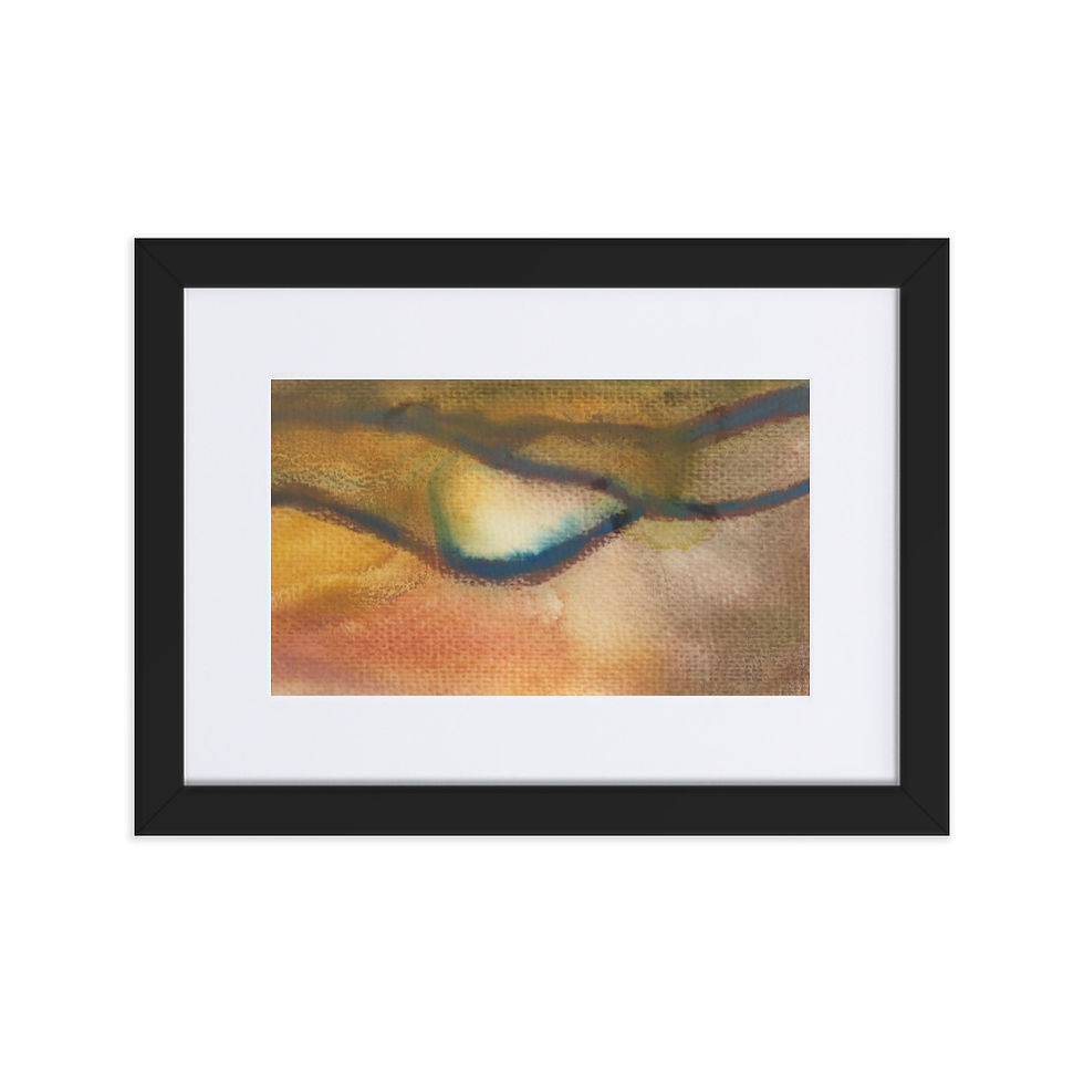 Abstract print in mustard yellow, earthy orange and green with soft horizontal landscape lines