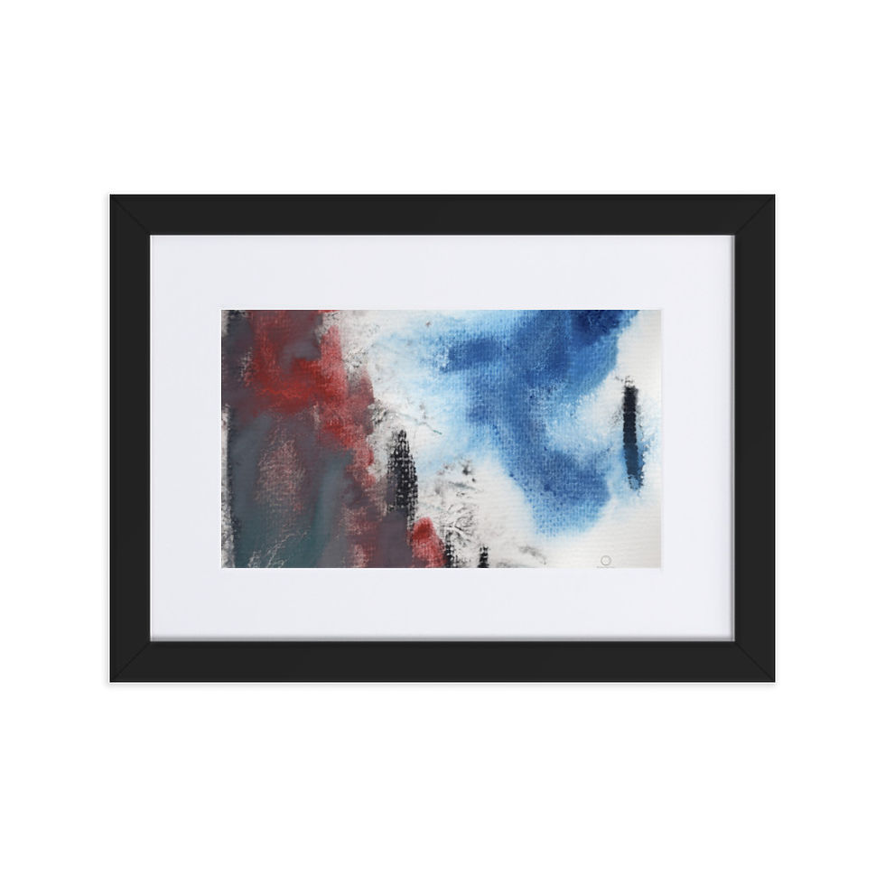 Abstract contrast of brown weight and blue lightness with rising black strokes, expressing overwhelm and hope