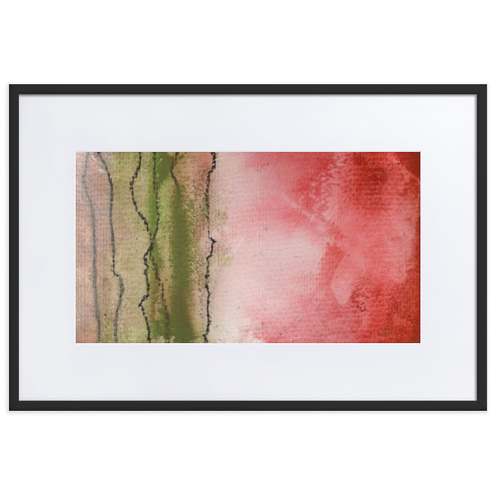 “Abstract print with vertical lines in moss‑green and rich red tones