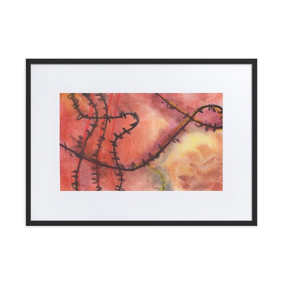 Thumbnail: Vibrant orange‑yellow abstract print with tangled wire‑like lines expressing emotional imbalance
