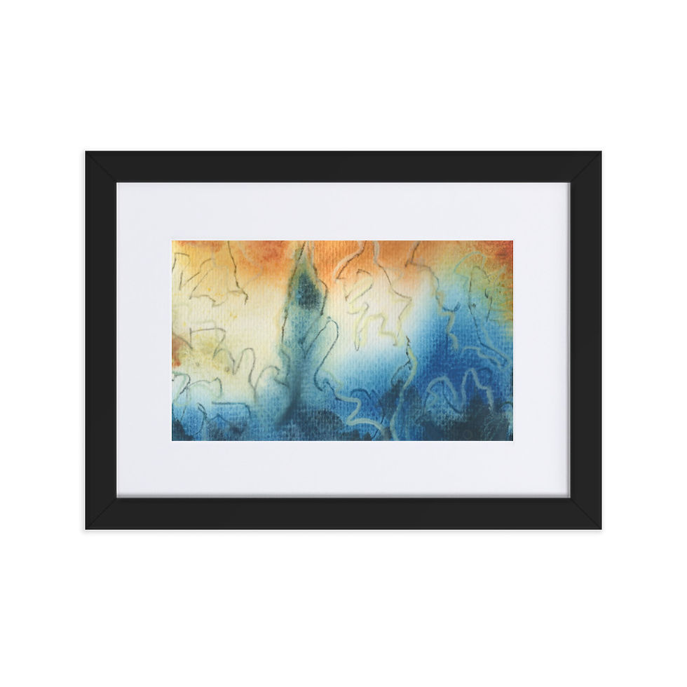 abstract print watercolor painting. blue and yellow landscape