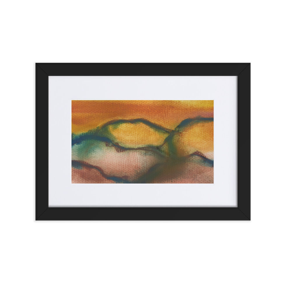 Abstract print in mustard yellow, earthy orange and green with horizontal landscape lines