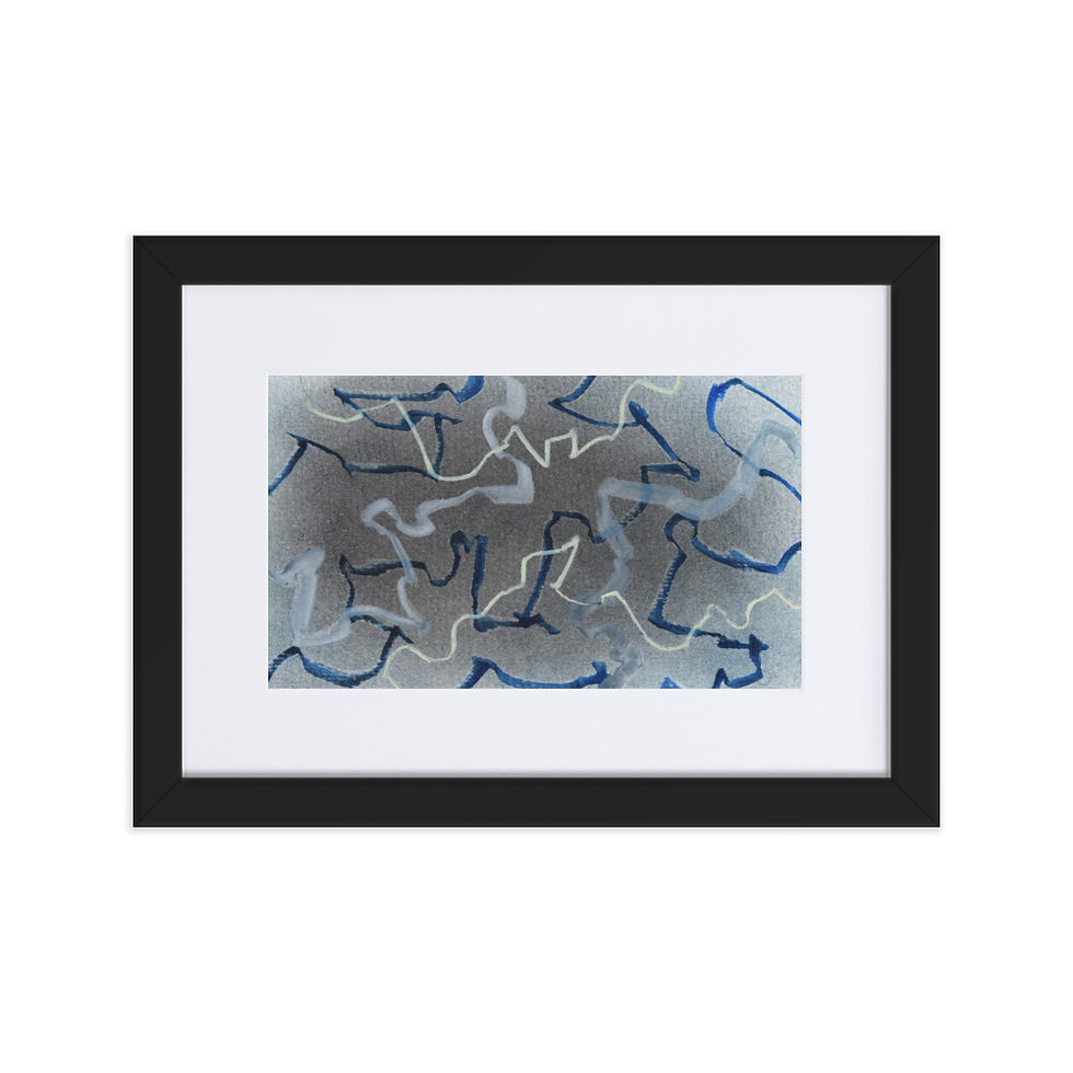 Grey‑white abstract painting with navy and white electric lines and strong directional energy.