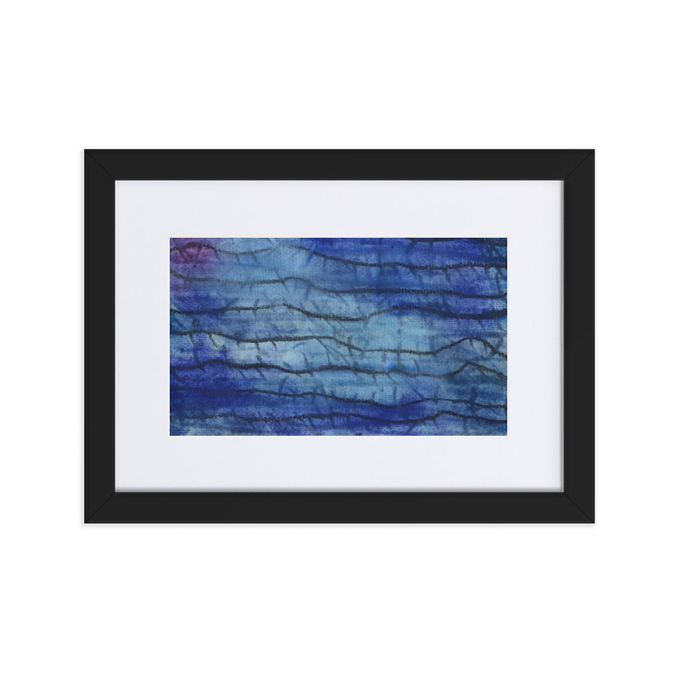 Moody navy abstract print with barbed‑wire‑like lines and a theme of mental confinement