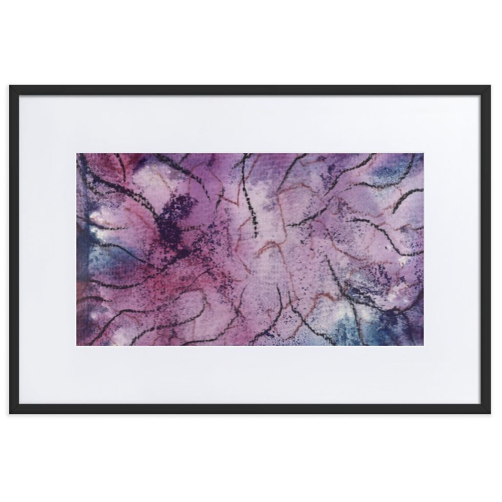 “Abstract print in purple and navy with dynamic lines flowing toward the center