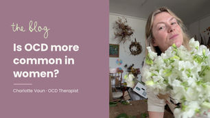 Blog cover: Is OCD more common in women? by Charlotte Vaun, OCD therapist, holding white sweet peas