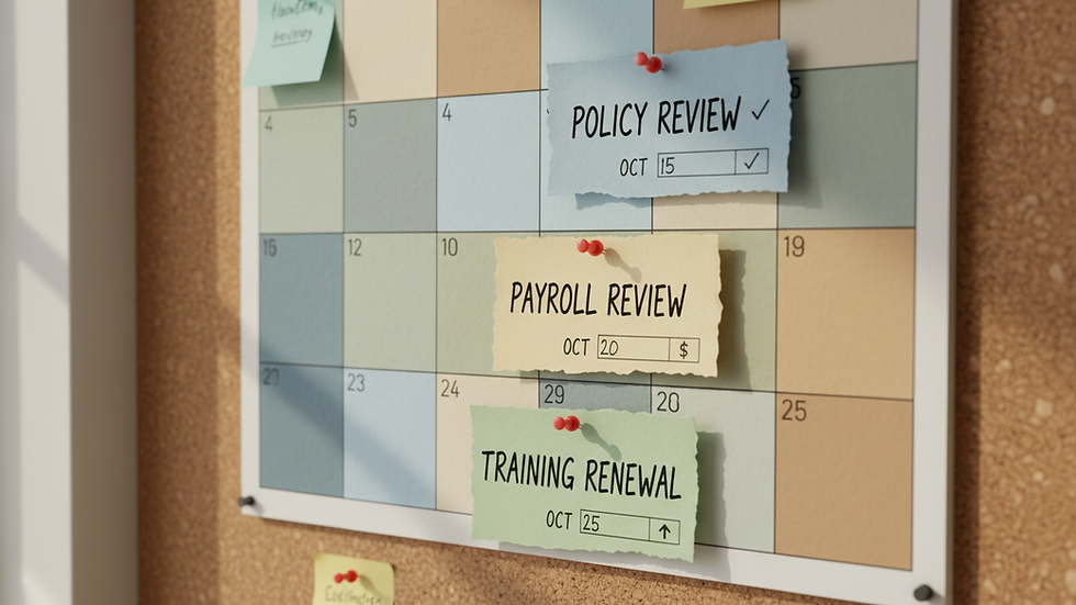 Close-up of a color-coded calendar pinned to a cork wall with compliance reminder cards.