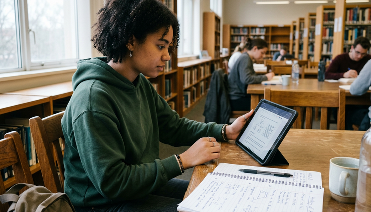 Eye-level view of a young learner using a tablet beside handwritten notes in a public library