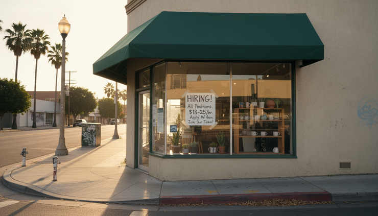 Wide-angle view of a quiet street corner with a hiring sign in a shop window