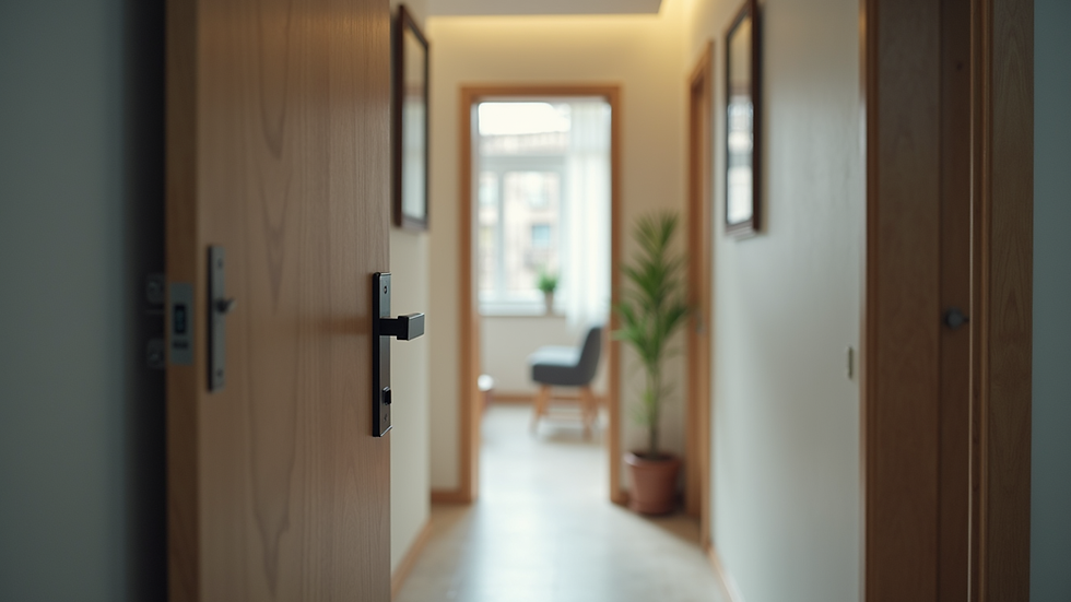 Eye-level view de porta laqueada preta fosca instalada em corredor residencial