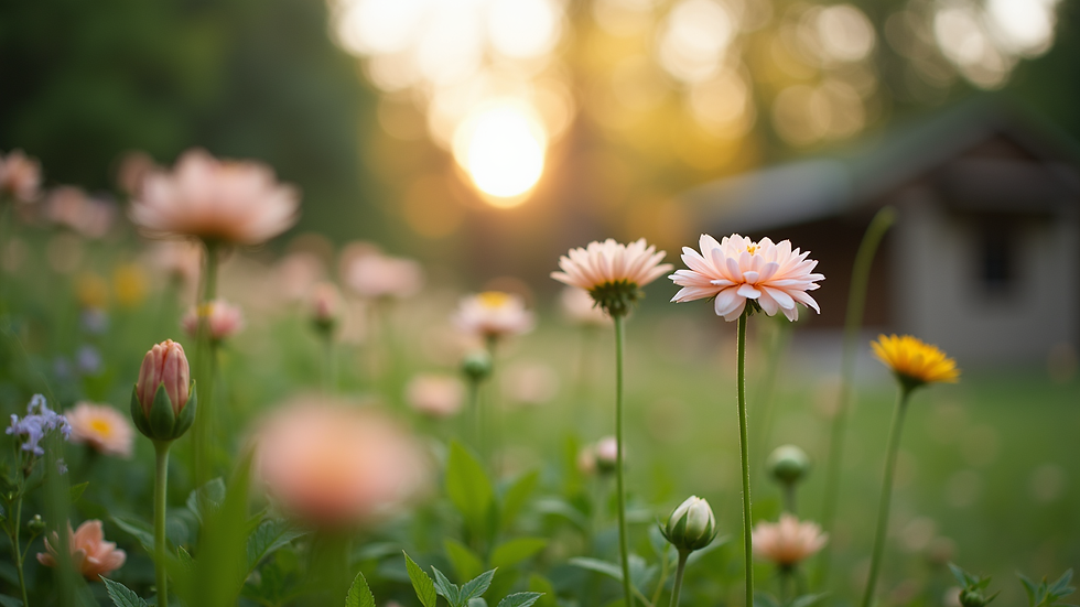 Eye-level view of a serene hospice garden with blooming flowers