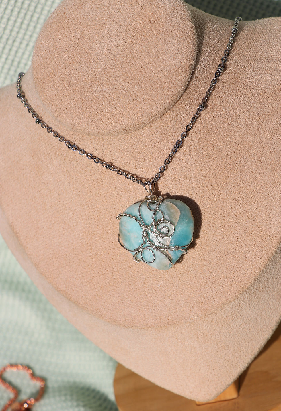 Thumbnail: Caribbean Calcite heart Necklace - Wrapped in Sterling Silver