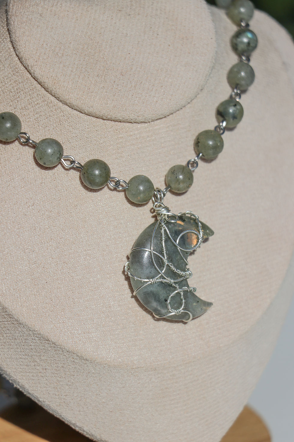 Thumbnail: Labradorite Moon Wrapped in Sterling Silver With Beaded Necklace