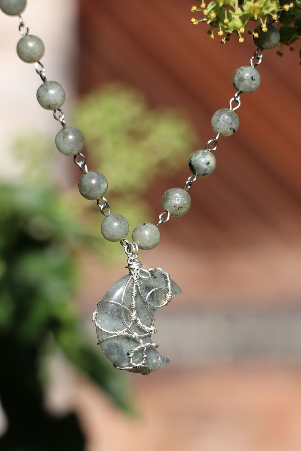 Thumbnail: Labradorite Moon Wrapped in Sterling Silver With Beaded Necklace