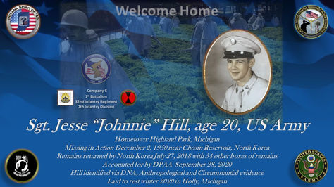 Jesse "Johnnie" D. Hill
Sergeant
Conflict: Korea
Hometown: Highland Park, Michigan
Missing in Action 12/02/1950
Chosin Reservoir, North Korea
Accounted for 09/28/2020