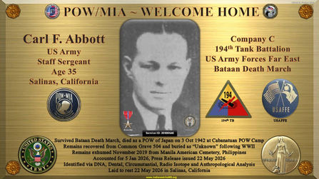 SSgt. Carl F. Abbott
Age 35
US Army
Staff Sergeant
WWII
World War II
World War
Salinas
California
Service ID: 20900646
POW
MIA
KIA
DPAA
Indiana Spirit of 45
Died while a POW
3 Oct 1942
Cabanatuan POW Camp
Philippines
Defense POW/MIA Accounting Agency
Accounted
5 Jan 2026
Press Release
22 May 2026
Unknown
Manila
American
Cemetery
DNA
Dental
Circumstantial
Radio
Isotope
Anthropologica
1941
1942
2019
2026
Company C
194th Tank Battalion
US Army Forces Far East
USAFFE
Bataan
Death
March