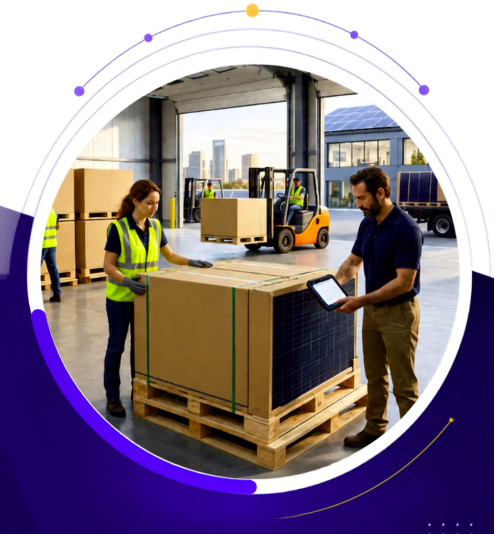 Circular graphic of warehouse team inspecting panel inventory for solar installation services in Chennai.