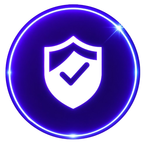 Glowing blue shield icon with a checkmark.