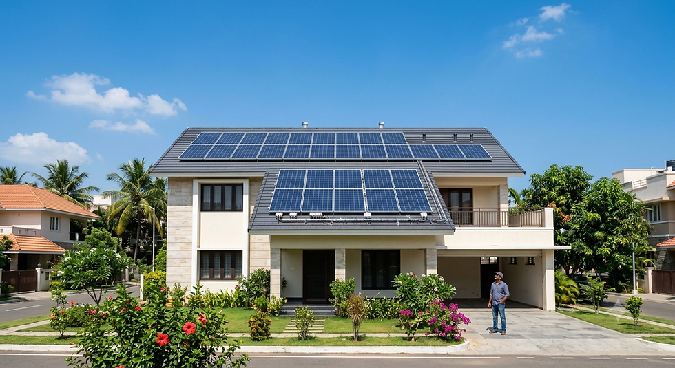 Homeowner admiring full residential rooftop solar panel installation system setup on a modern villa house