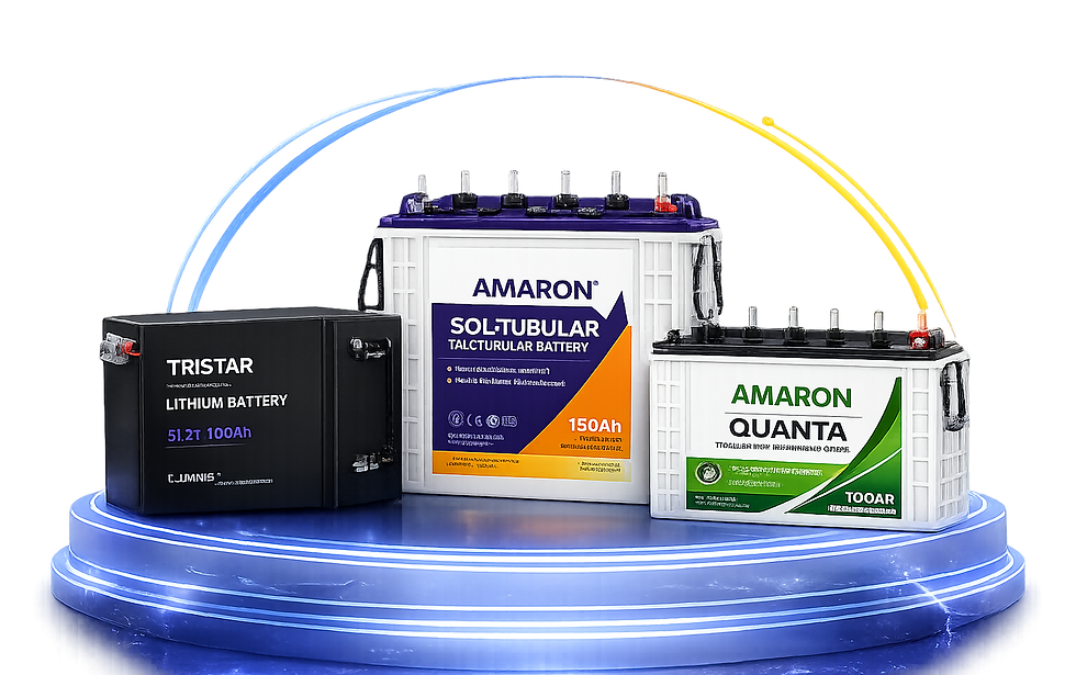 Three power backup batteries including Tristar Lithium, Amaron Sol-Tubular, and Amaron Quanta displayed on an illuminated blu