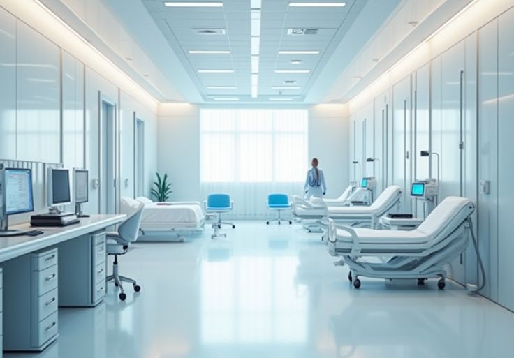 Modern bright hospital ward with beds and medical monitors.