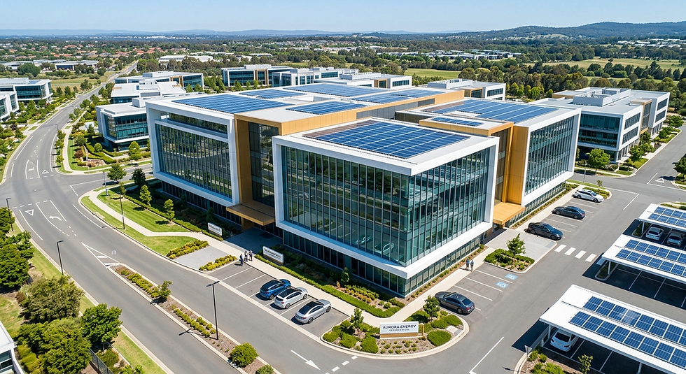 Aerial view of the modern Aurora Energy headquarters building featuring extensive rooftop and carport solarpanelinstallations