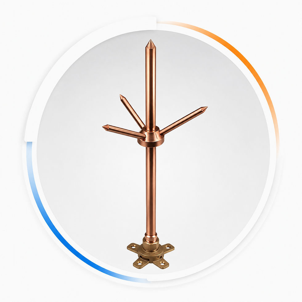Copper lightning arrester with multiple spikes and base.