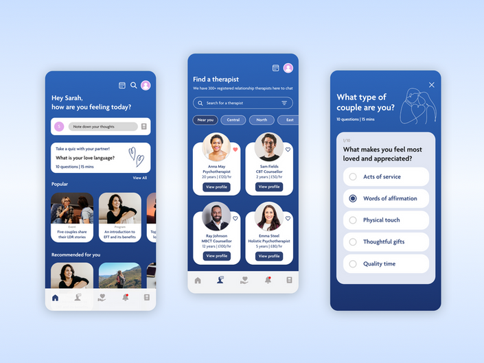 Closer app stills showing the homepage, therapist directory and a quiz