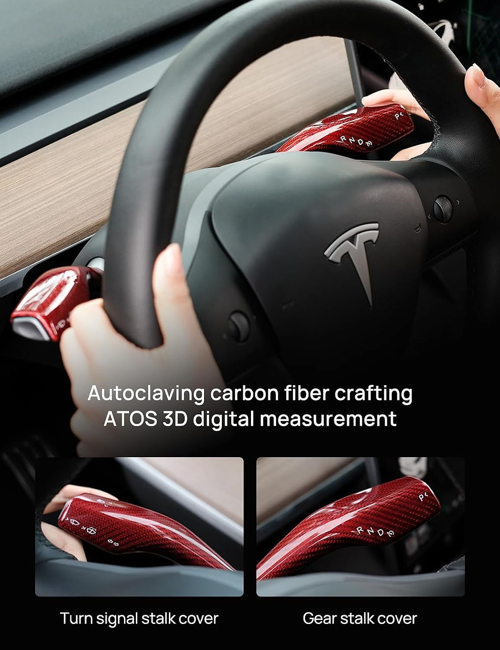 Thumbnail: Tesla Model 3/Y Carbon Fiber Gear Shift Covers Wine Red 2-Pack