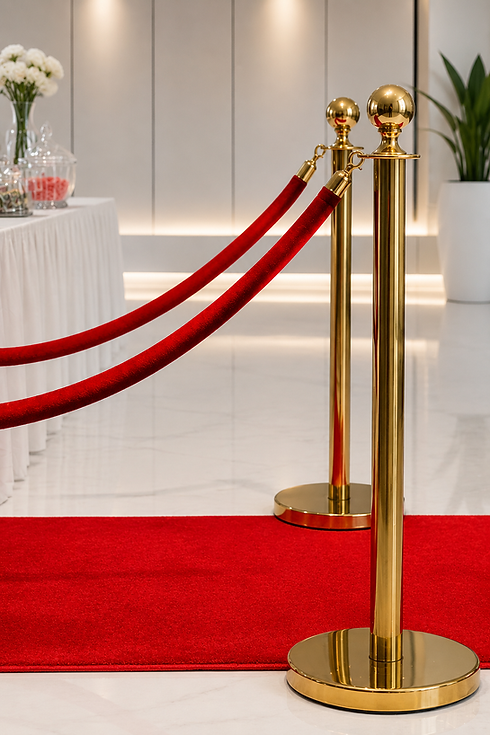 Complete red carpet rental setup with stanchions and ropes in Charlotte NC