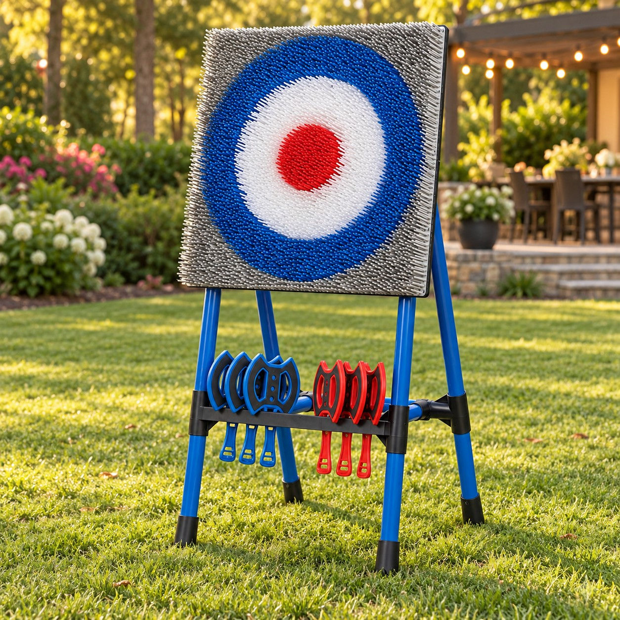 Backyard axe throwing game with blue steel frame and red and blue toy axes on a lawn