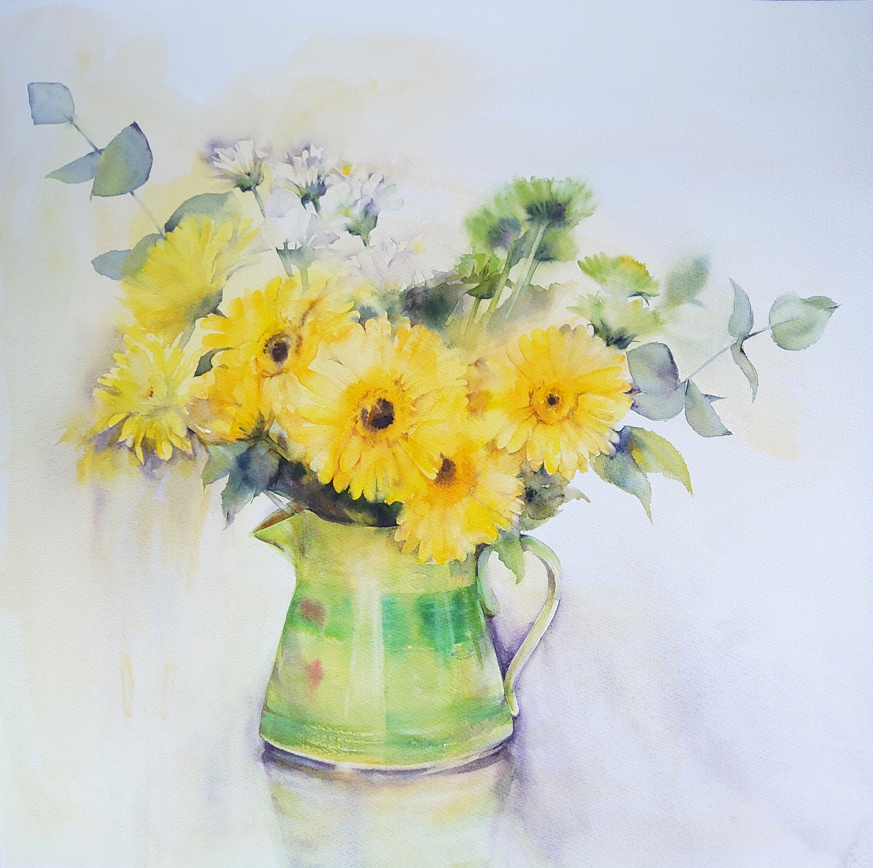 Yellow Gerberas and Chrysanthemums, Framed Original Floral Painting