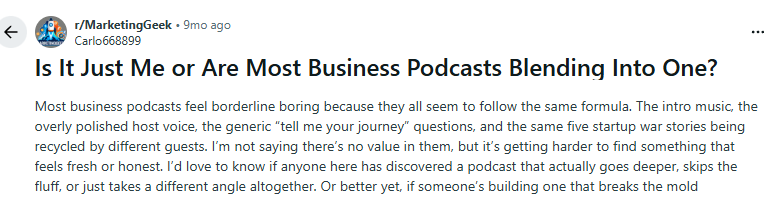 Reddit topic discussing how business podcasts all sound the same