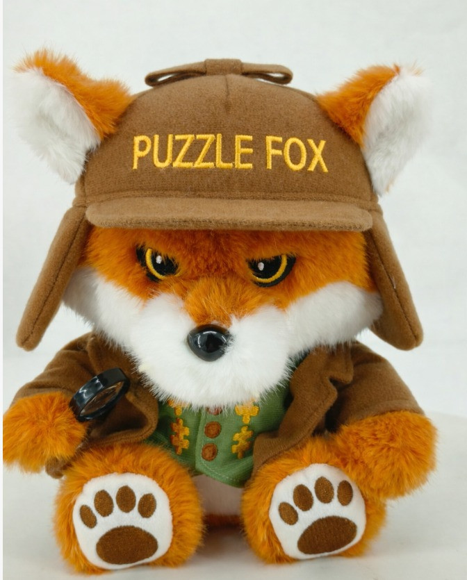 Detective Puzzleton plush fox wearing a Puzzle Fox hat