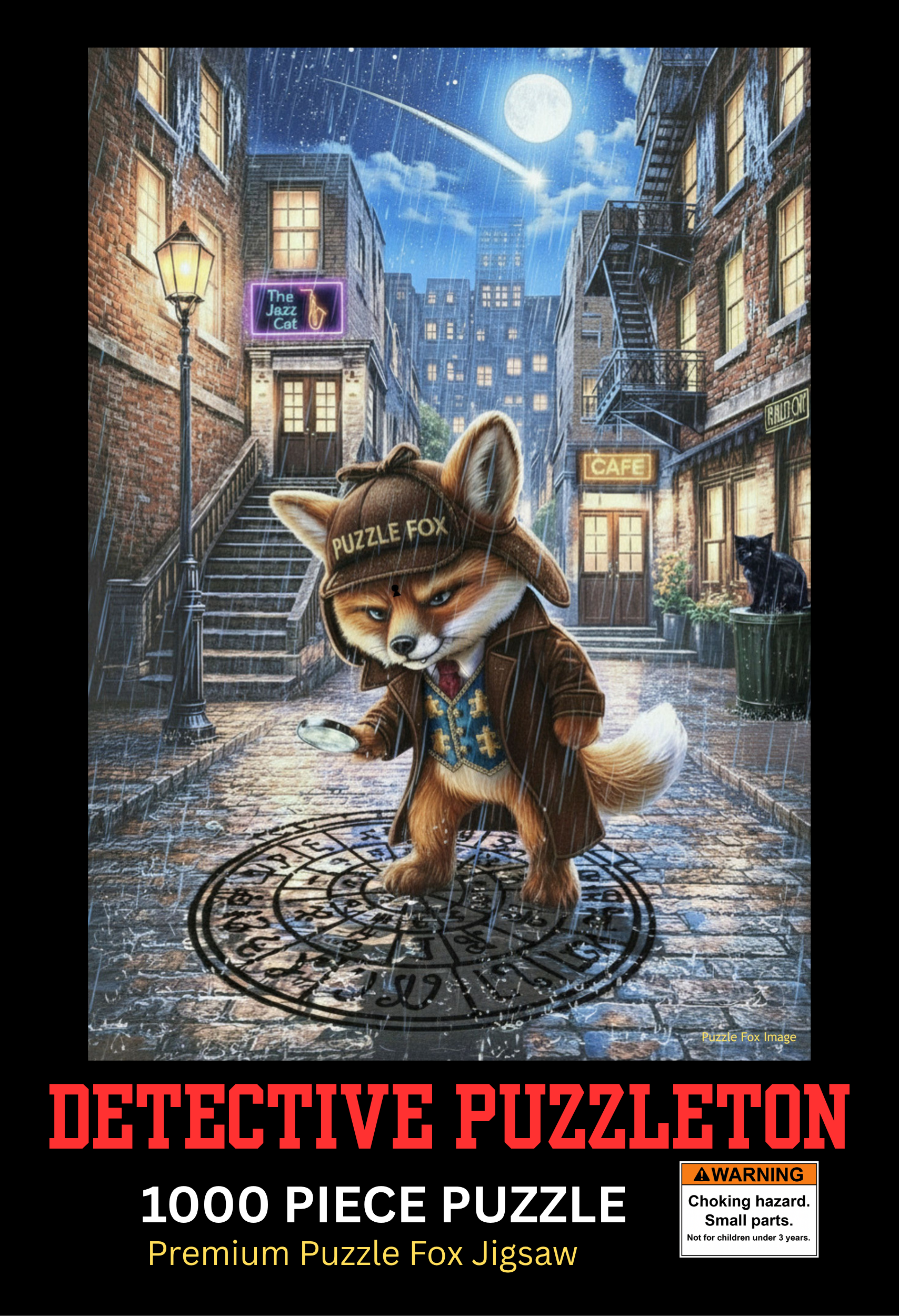 Detective Puzzleton in a trench coat examines clues on a rainy, moonlit street, surrounded by glowing shop signs and a cat