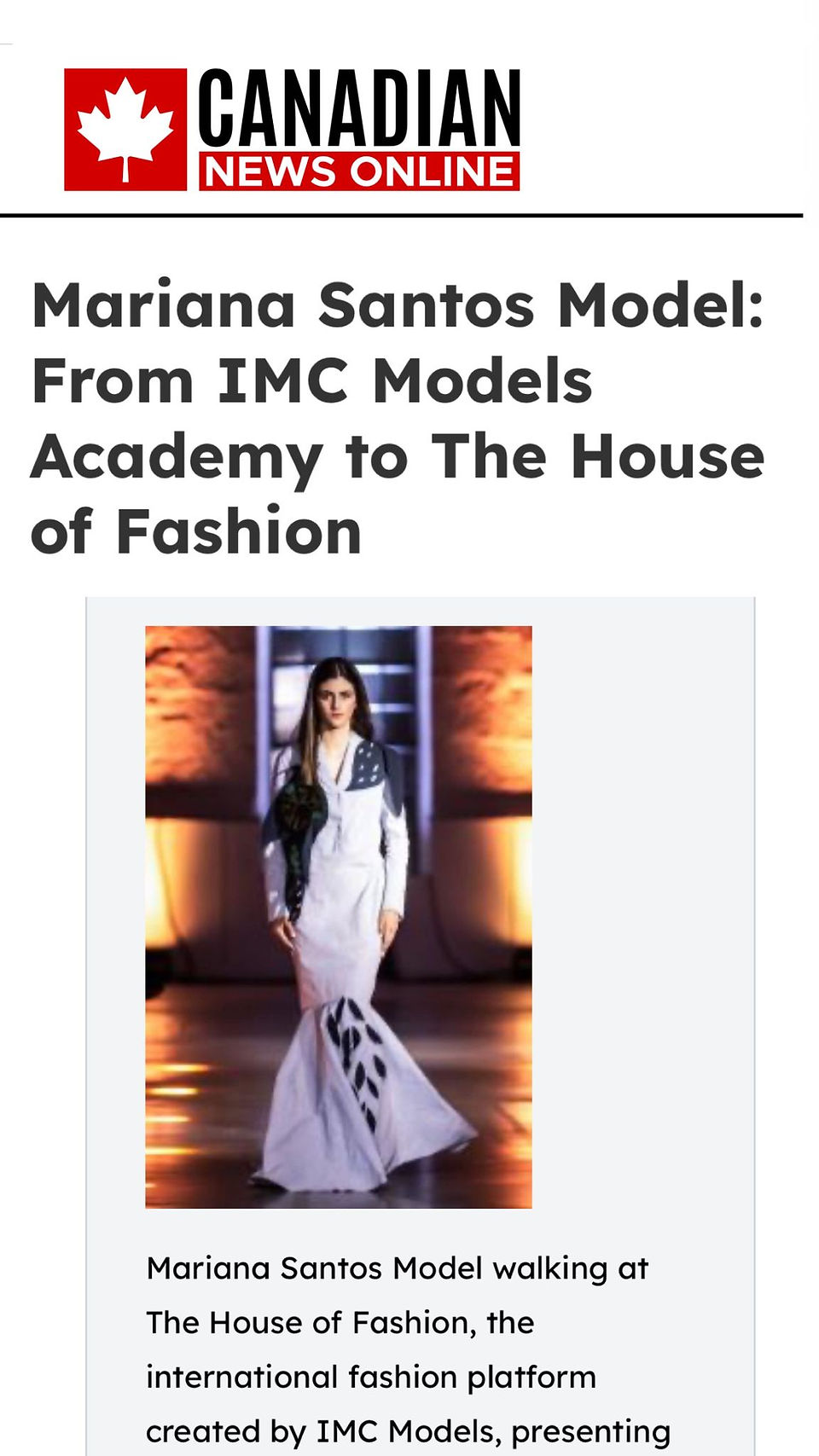 MARIANA SANTOS MODEL: INTERNATIONAL PRESS – Mariana Santos, model from IMC Models, gains international recognition with a feature published on more than 400 news websites worldwide.
