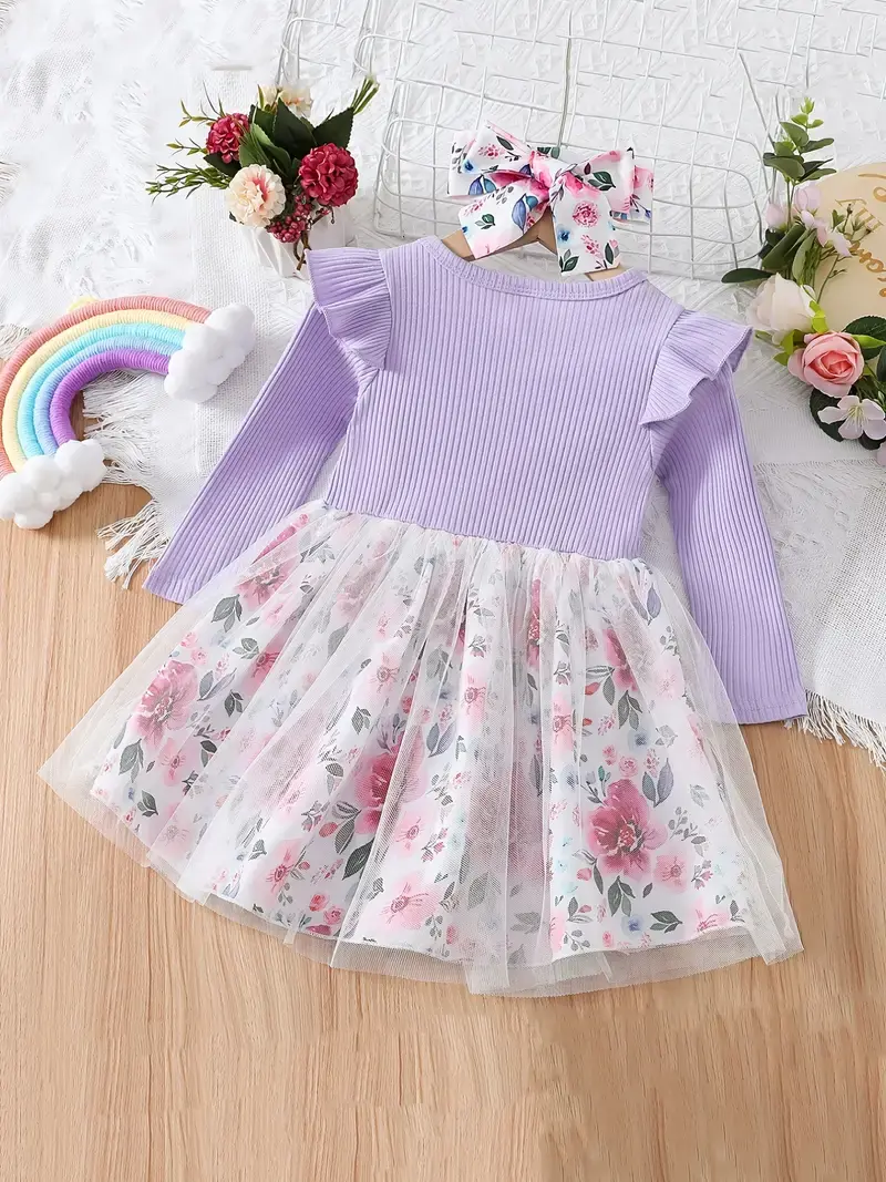 Thumbnail: Baby Girls Flying Sleeves Crew Neck Ruffles Dress