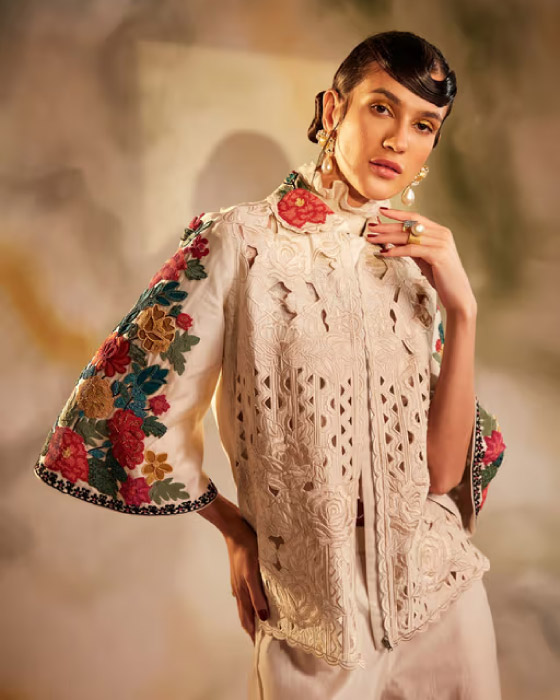 CHANDRIMA Ivory Cutwork And Beadwork Short Jacket