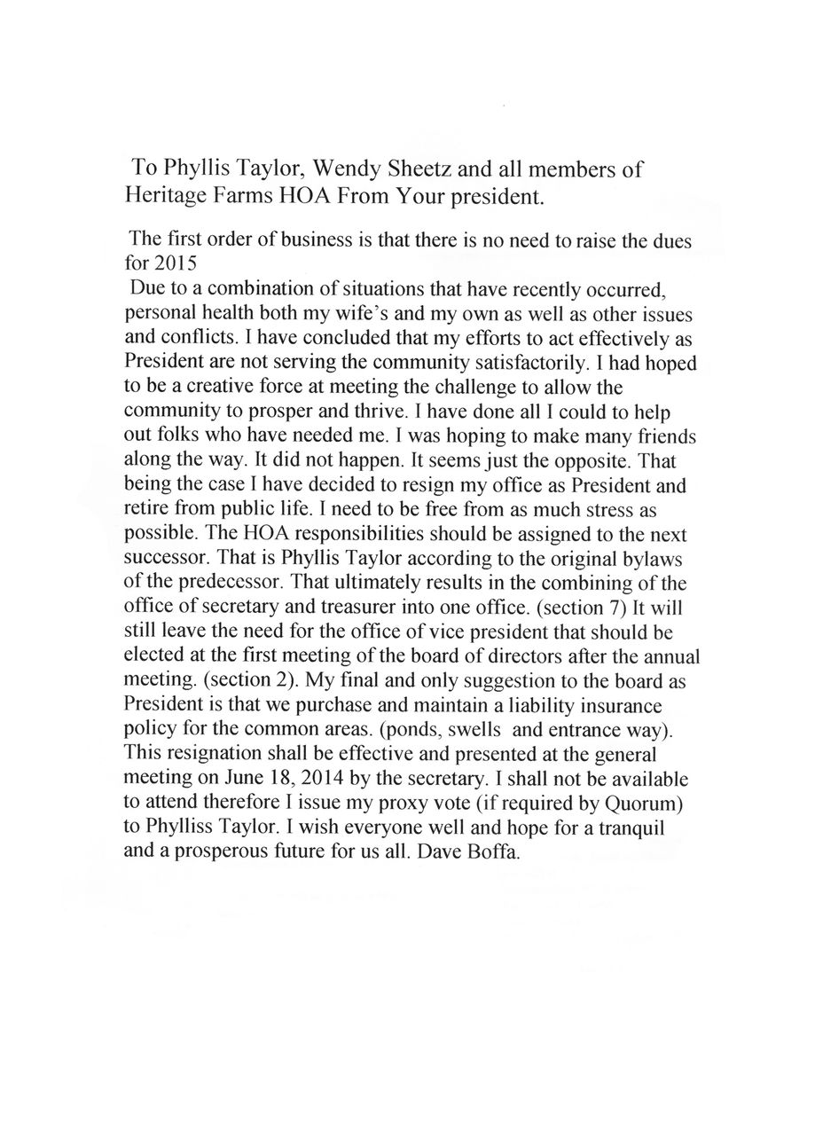 Former President Dave Boffa's Resignation Letter