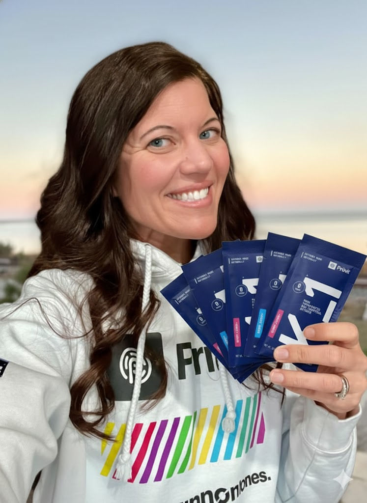 Smiling woman holding blue packets, wearing a white hoodie with colorful stripes and logos, against a sunset background.