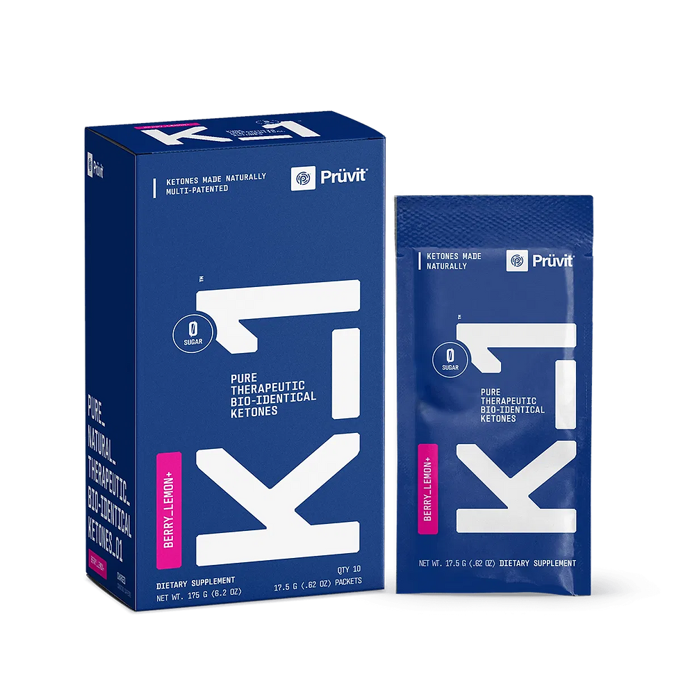 Blue Pruvit keto supplement box and packet, Berry Lemon+, with white K and X graphics and text on a black background.