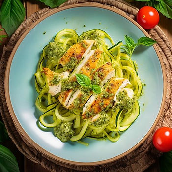 Zucchini Noodles with Chicken Pesto